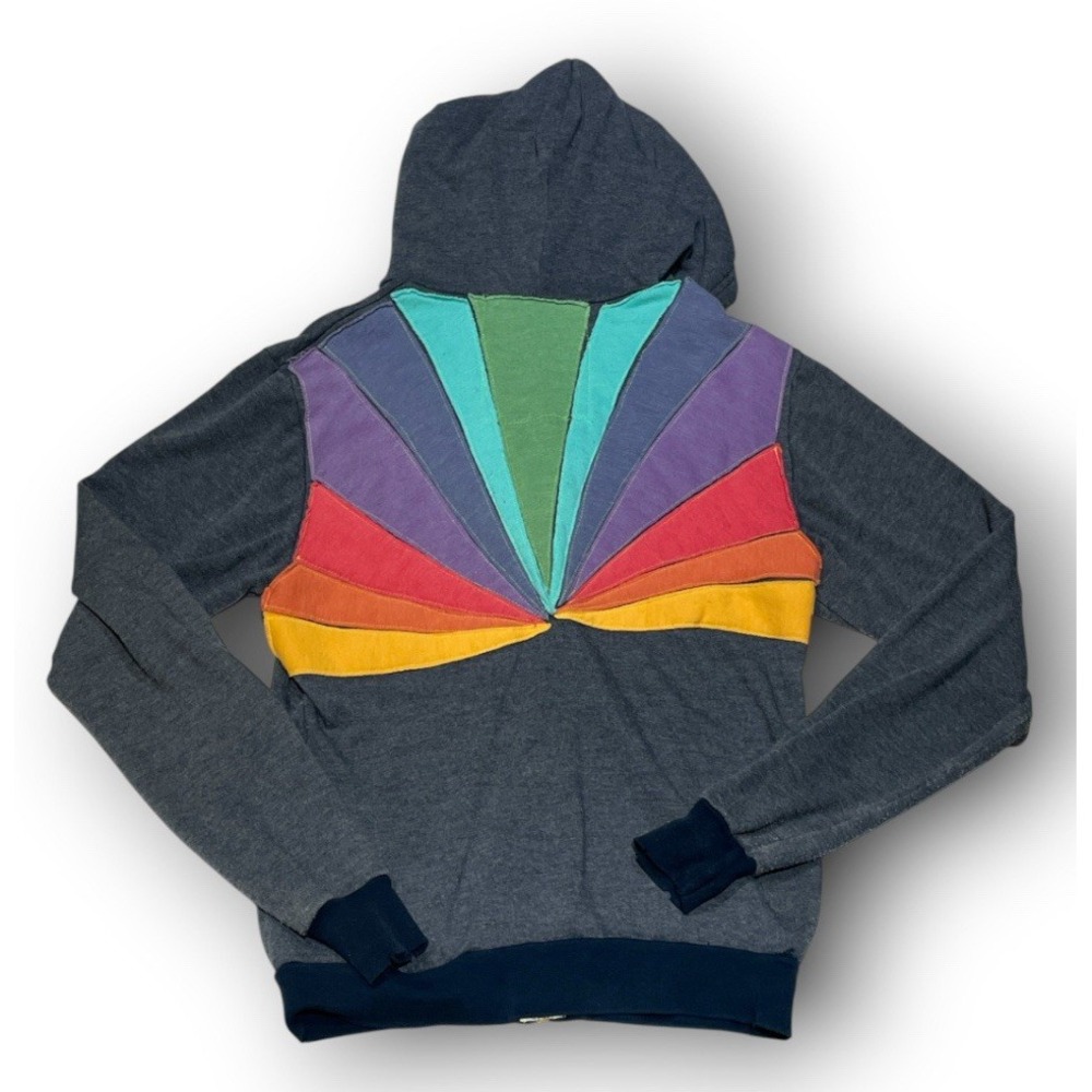 Aviator Nation Zip Hoodie Womens Small Charcoal Rainbow Sunburst Distressed